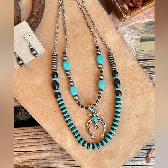 Turquoise and Silver Two Layer Necklace Set NWT - Picture 6 of 8